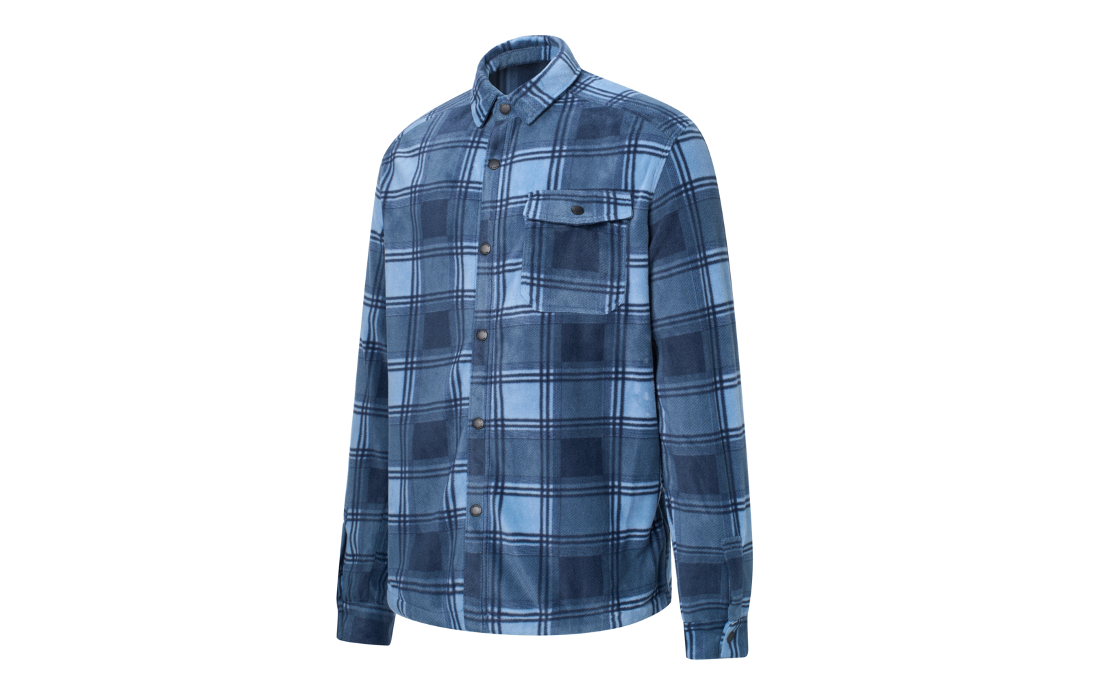 Blauw geruit overhemd met lange mouwen, knoopsluiting, kraag en borstzak op witte achtergrond
