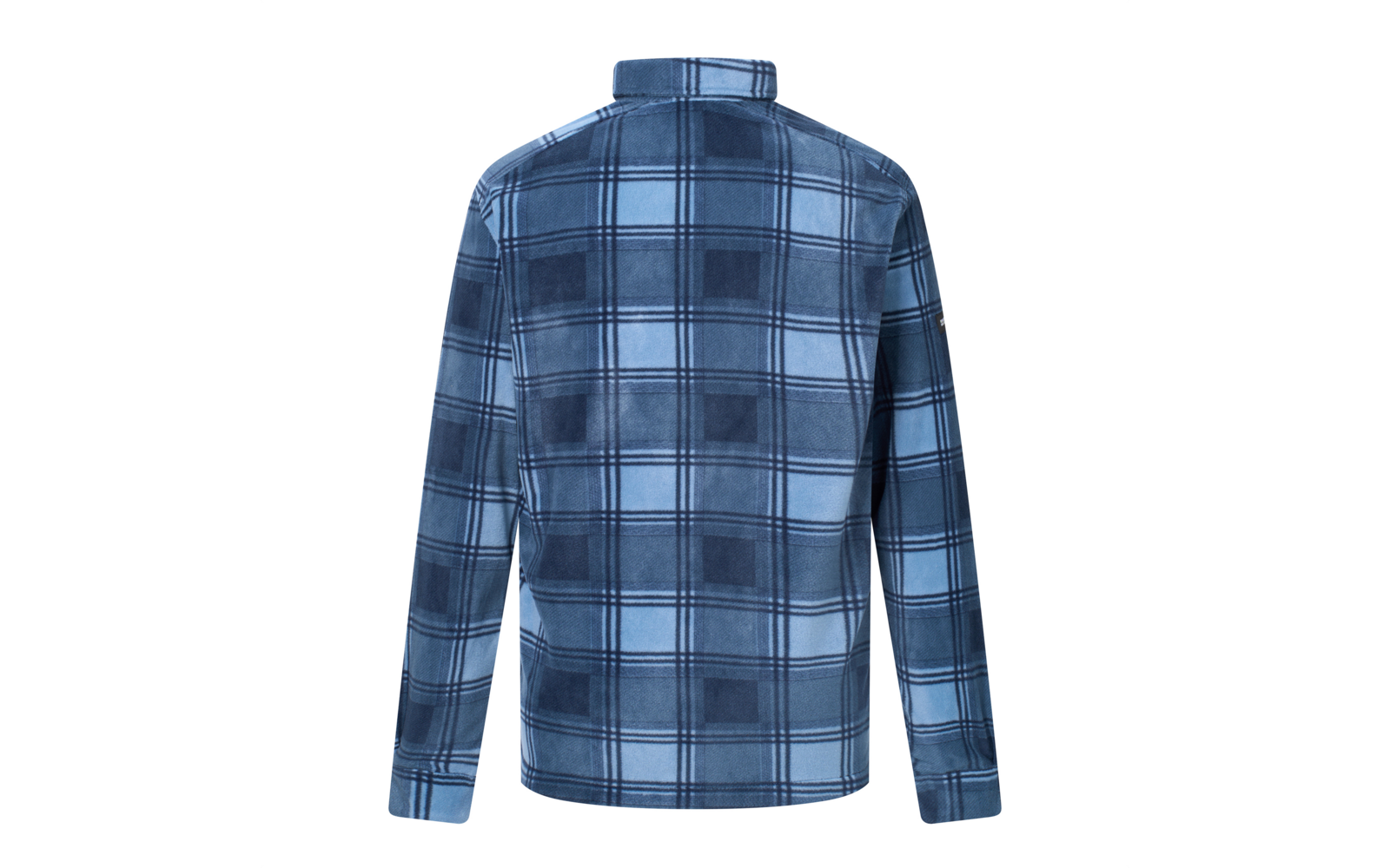 Achteraanzicht van een overhemd met lange mouwen, kraag en blauw ruitpatroon
