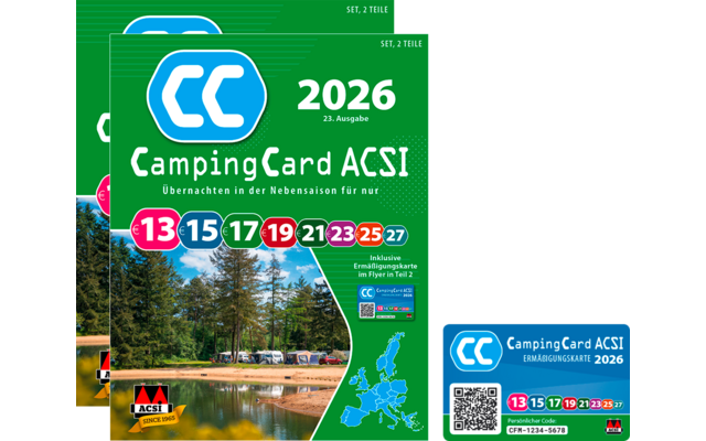 Grüne Titelseite eines Hefts mit blau-weißem CC-Logo, großem Text '2026' und 'CampingCard ACSI', Reihe farbiger Zahlen in ovalen Markern, kleines Foto eines Campingplatzes mit Bäumen, Wohnwagen und Wasser, kleine Europakarte, QR-Code und ACSI-Logo