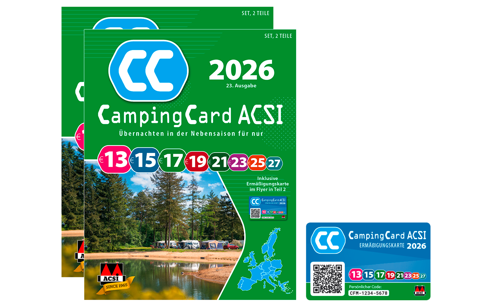 Grüne Titelseite eines Hefts mit blau-weißem CC-Logo, großem Text '2026' und 'CampingCard ACSI', Reihe farbiger Zahlen in ovalen Markern, kleines Foto eines Campingplatzes mit Bäumen, Wohnwagen und Wasser, kleine Europakarte, QR-Code und ACSI-Logo