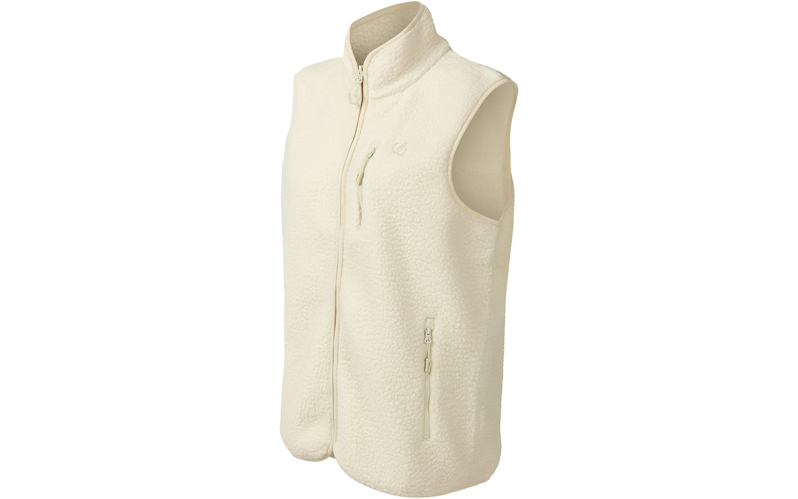 Gilet sans manches couleur crème en polaire avec fermeture éclair intégrale, col montant, deux poches latérales zippées, une poche poitrine zippée, texture polaire visible et petit logo sur la poitrine