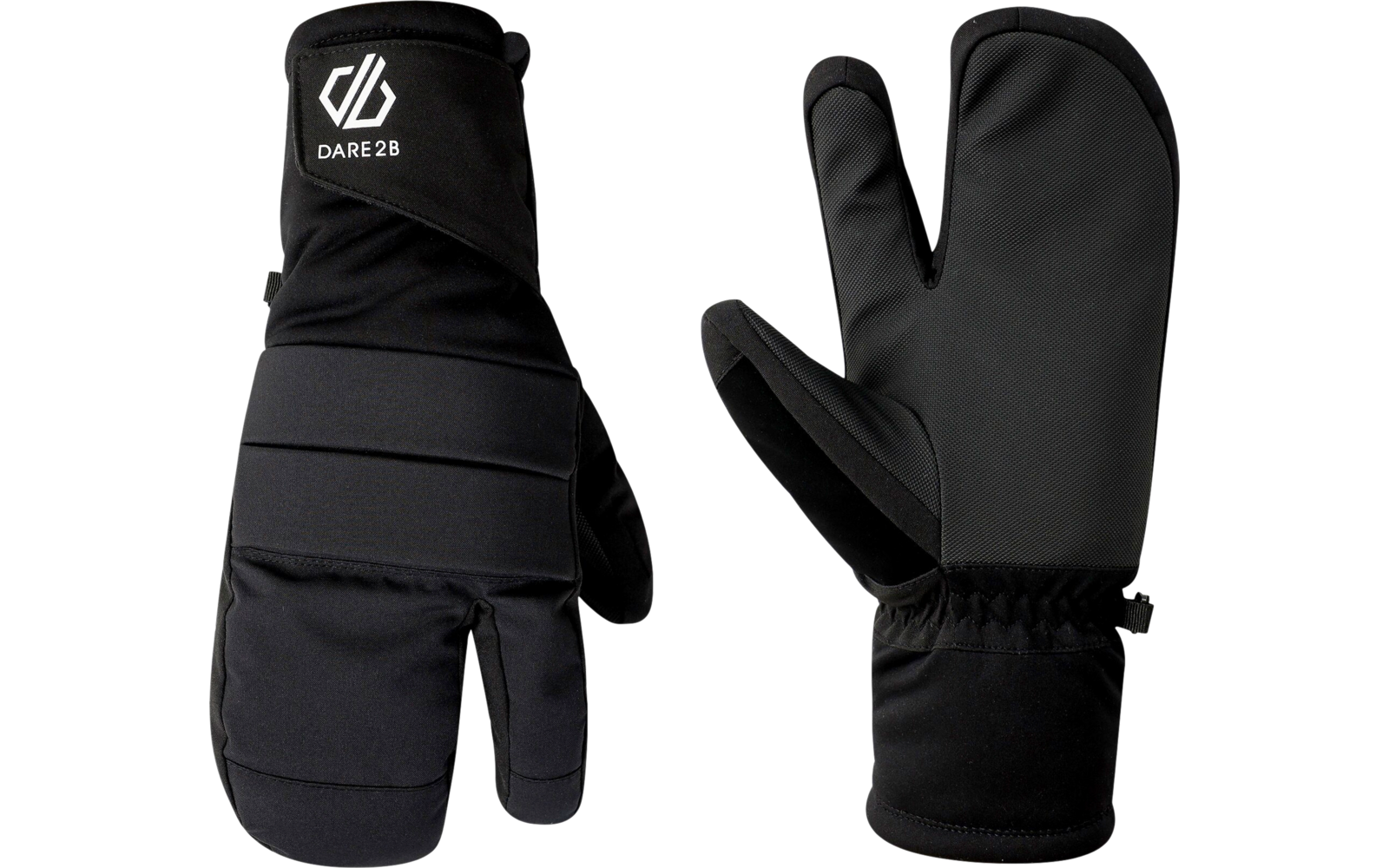 Schwarze Handschuhe mit zwei Fingern zusammen und drei getrennt, Front- und Rückansicht