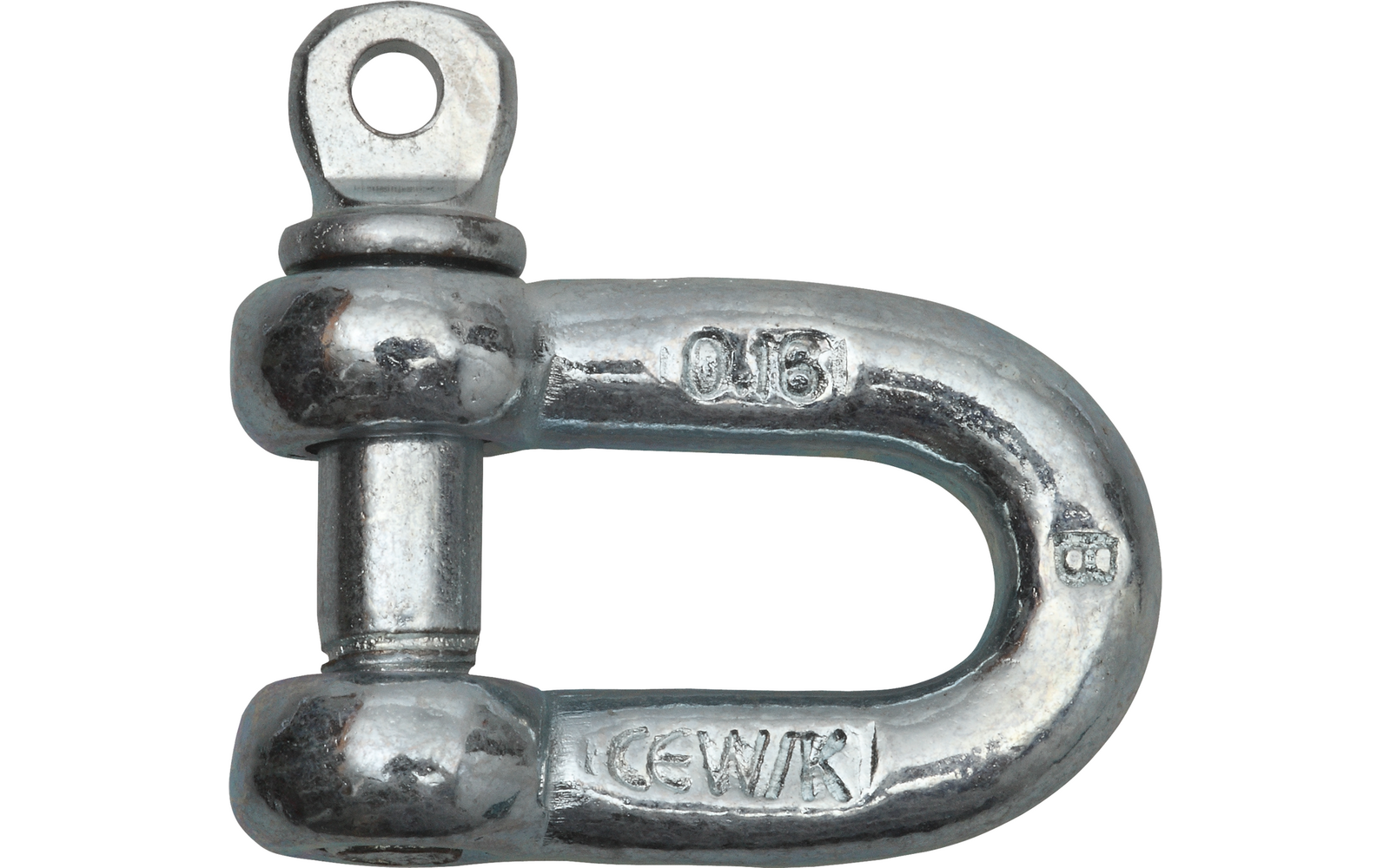 Metallischer Schäkel mit Schraubverschluss auf weißem Hintergrund