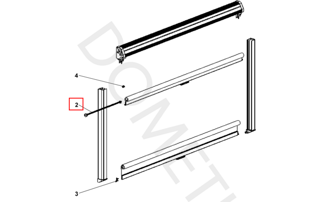Dessin éclaté de pièces : deux rouleaux cylindriques, deux lames plates, deux rails verticaux, numéros 2, 3, 4