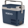 Blau-weiße Kunststoffbox mit klappbarem Metallgriff, aufgedrucktem Schriftzug 'IGLOO', Lüftungsschlitzen und Anschlussbuchse an der Unterseite
