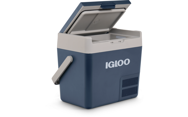 Offene blau-graue Kühlbox mit aufgeklapptem Deckel, seitlichem Tragegriff, Lüftungsgitter und Schriftzug "IGLOO"