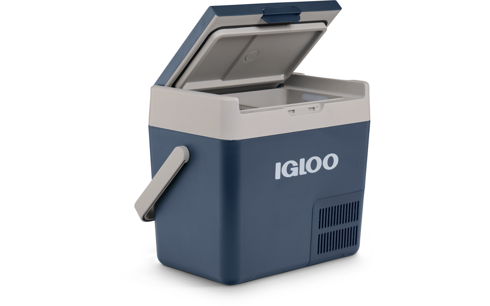 Offene blau-graue Kühlbox mit aufgeklapptem Deckel, seitlichem Tragegriff, Lüftungsgitter und Schriftzug "IGLOO"