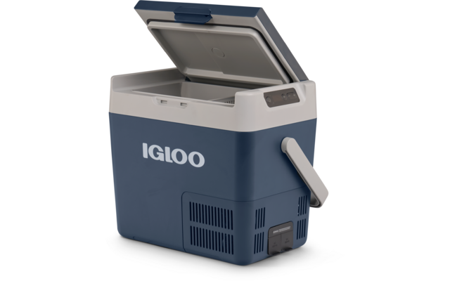Blaue tragbare Kühlbox mit geöffnetem Deckel, seitlichem Tragegriff, weißem Schriftzug "IGLOO", Lüftungsöffnungen und Bedienfeld