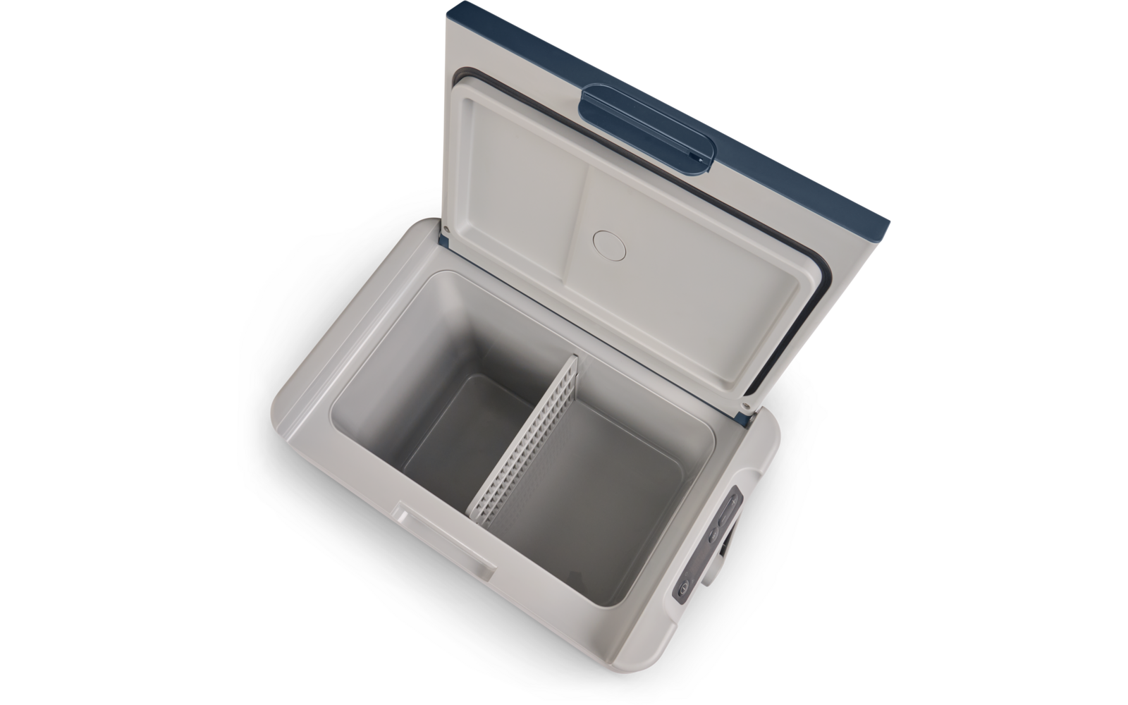 Weiße und blaue Kunststoffbox mit geöffnetem Deckel, leeres Innenfach mit herausnehmbarem Einsatz/Trennkorb und seitlichem Griff