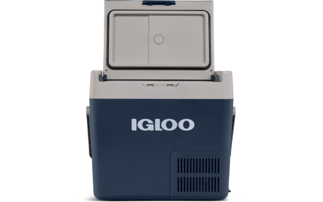 Blau-weiße Kühlbox mit geöffnetem Deckel und dem Schriftzug 'IGLOO' auf der Vorderseite