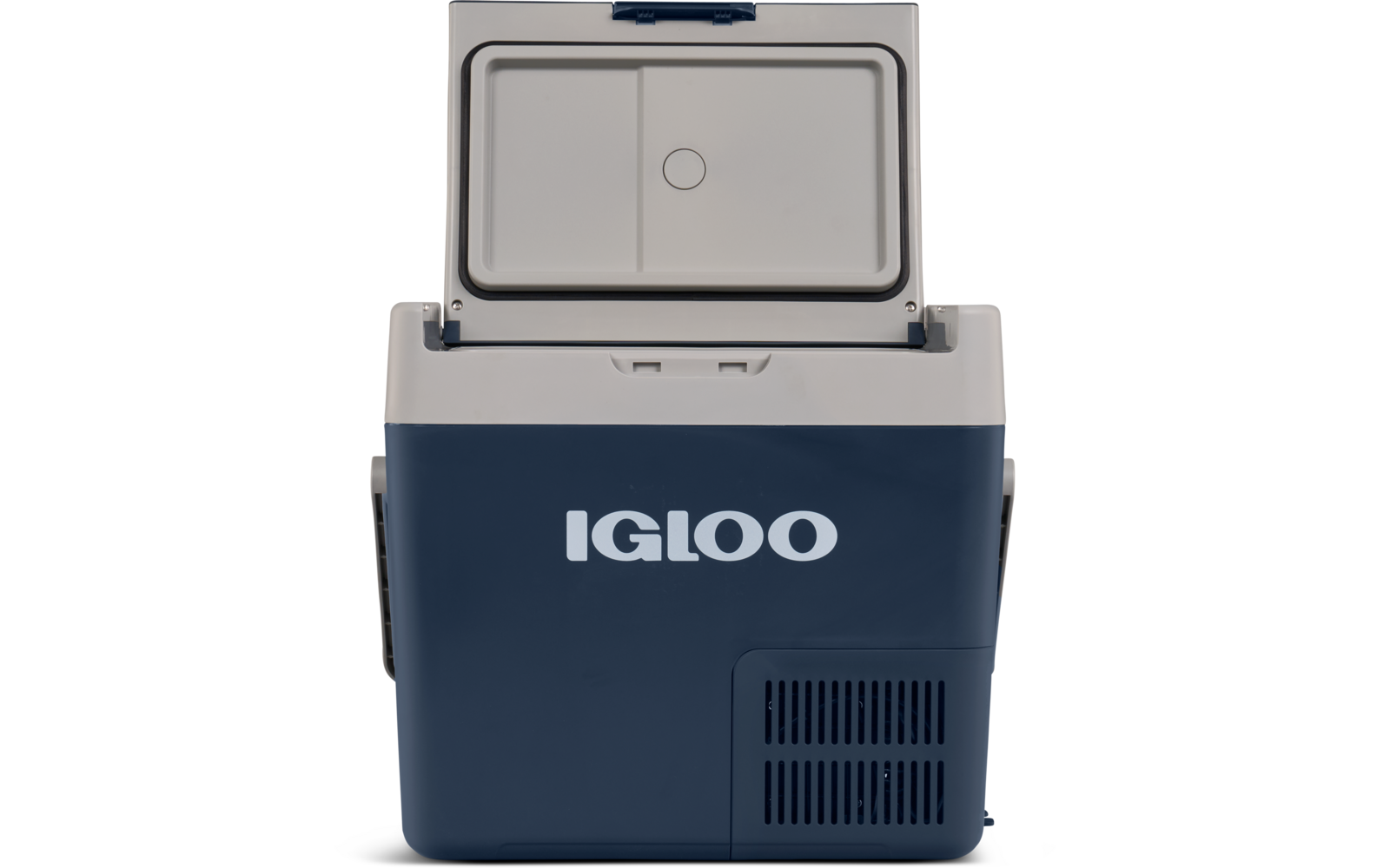Blau-weiße Kühlbox mit geöffnetem Deckel und dem Schriftzug 'IGLOO' auf der Vorderseite