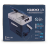 Blaue Produktverpackung mit Markenlogo "IGLOO" und Zahl "18", Abbildung einer geöffneten elektrischen Kühlbox mit digitalem Bedienfeld, Tragegriff, Stromkabel sowie sichtbaren Temperatur- und Kapazitätsangaben