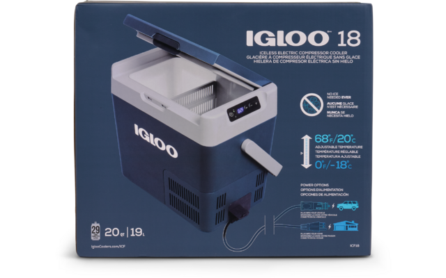 Blaue Produktverpackung mit Markenlogo "IGLOO" und Zahl "18", Abbildung einer geöffneten elektrischen Kühlbox mit digitalem Bedienfeld, Tragegriff, Stromkabel sowie sichtbaren Temperatur- und Kapazitätsangaben
