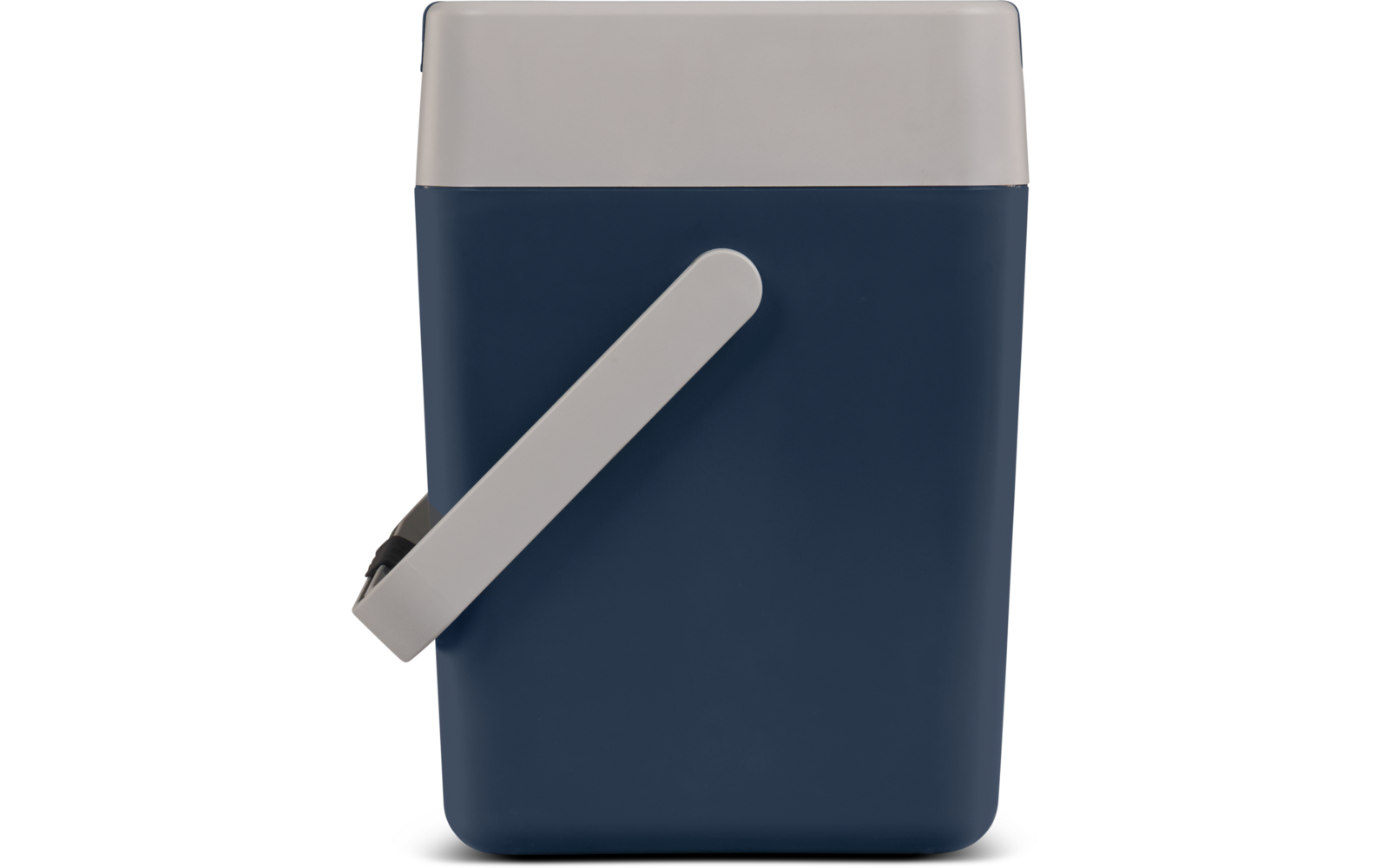 Blaue, rechteckige Kühlbox mit abgerundeten Ecken, hellgrauem Deckel und seitlich schräg gestelltem hellgrauem Tragegriff