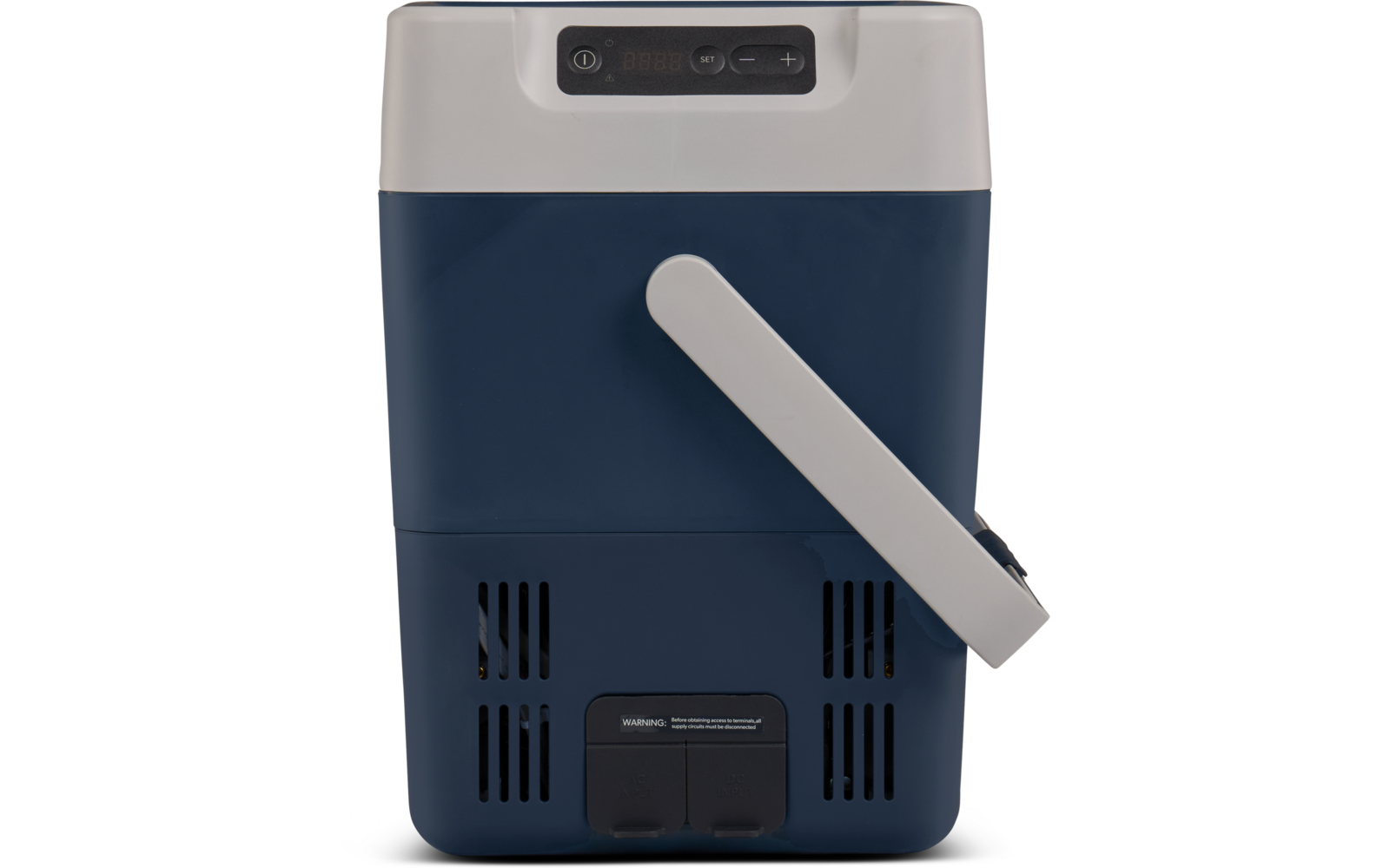 Rechteckige Kunststoffbox, oberer Teil weiß, unterer dunkelblau; oben Bedienfeld mit Display und Tasten, seitlich klappbarer hellgrauer Tragegriff, untere Front mit Lüftungsschlitzen und zwei Klappen