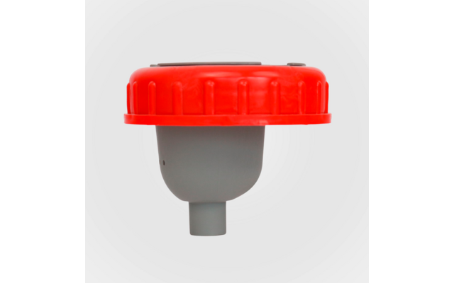 Roter runder Deckel auf grauem zylindrischem Unterteil mit kurzem zylindrischem Stutzen, hellgrauer Hintergrund