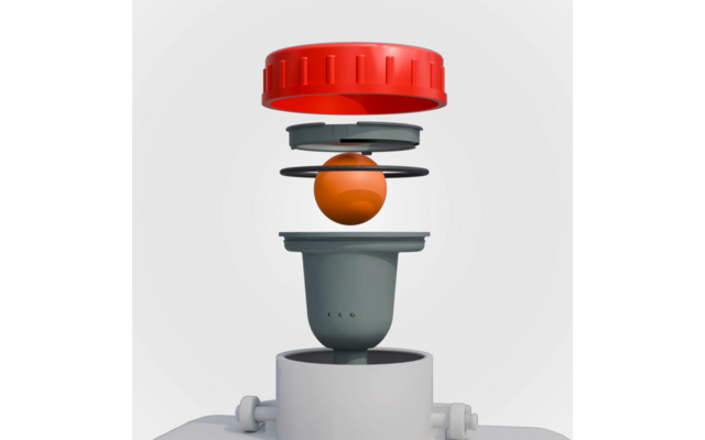 Mehrere auseinandergezogene Bauteile: rote Kappe oben, graue Scheiben, orangene Kugel in der Mitte, graues zylindrisches Gehäuse auf weißem Sockel