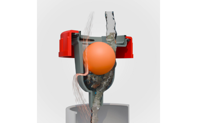 Grau U-förmiger Halter mit rotem Deckel oben, orange Kugel in der Mitte, unregelmäßige braune senkrechte röhrenartige Struktur verläuft durch die Kugel, dünne helle faden- oder flüssigkeitsartige Streifen um die Kugel, hellgrauer zylindrischer Sockel