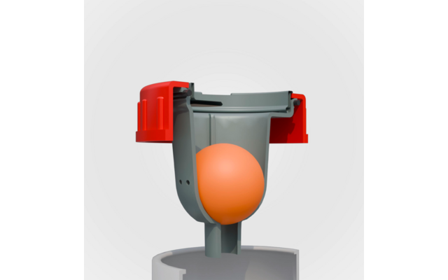 Graues, hohles zylindrisches Bauteil mit orangener Kugel in der Mitte und zwei roten Clips oben, hellgrauer Hintergrund