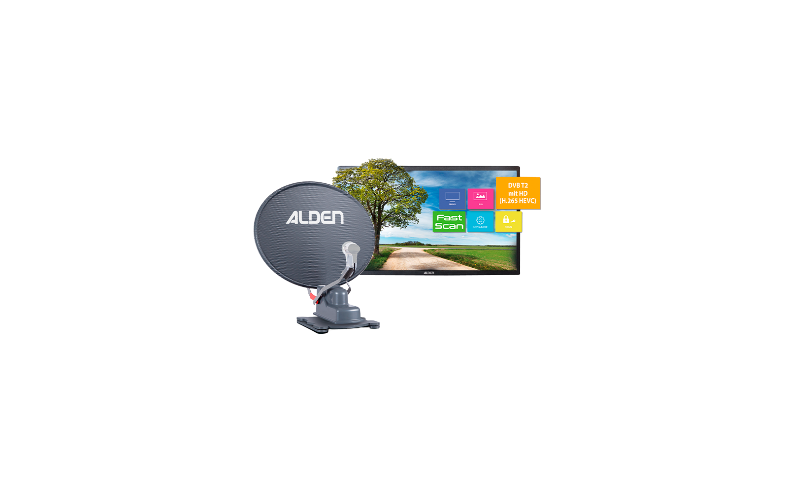 Satellite dish labeled 'ALDEN' on a mount in front of a flat-screen TV showing a landscape with a tree, field, path and blue sky, and colorful on-screen menu boxes including 'Fast Scan' and 'DVB T2 mit HD (H.265 HEVC)'