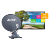 Satellite dish labeled 'ALDEN' on a mount in front of a flat-screen TV showing a landscape with a tree, field, path and blue sky, and colorful on-screen menu boxes including 'Fast Scan' and 'DVB T2 mit HD (H.265 HEVC)'