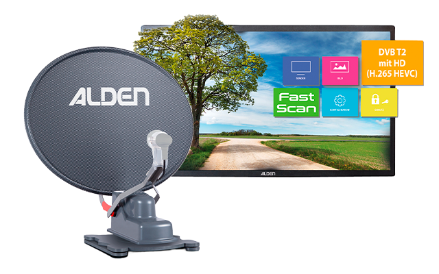 Satellite dish labeled 'ALDEN' on a mount in front of a flat-screen TV showing a landscape with a tree, field, path and blue sky, and colorful on-screen menu boxes including 'Fast Scan' and 'DVB T2 mit HD (H.265 HEVC)'