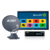 Satellite dish labeled 'ALDEN', television screen labeled 'SMART TV' showing colorful app icons, two black receivers with 'ALDEN' logo