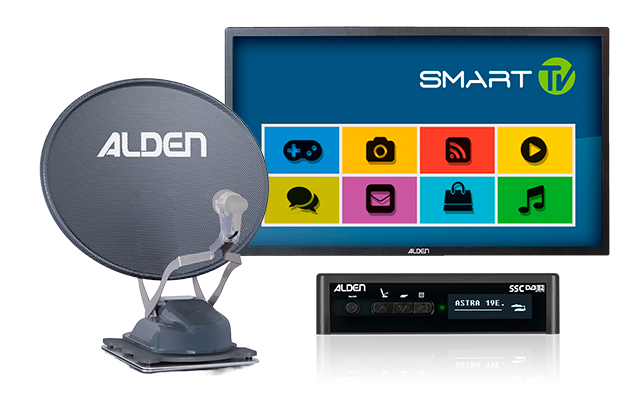 Satellite dish labeled 'ALDEN', television screen labeled 'SMART TV' showing colorful app icons, two black receivers with 'ALDEN' logo