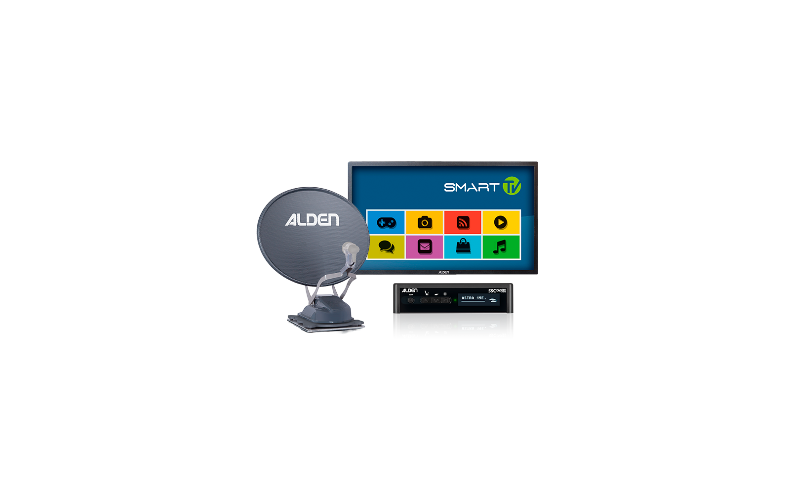 Satellite dish labeled 'ALDEN', television screen labeled 'SMART TV' showing colorful app icons, two black receivers with 'ALDEN' logo