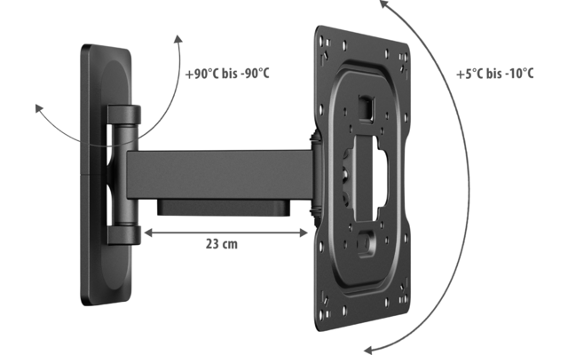 Schwarze Wandplatte mit Gelenkarm beschriftet '23 cm', rechteckige Befestigungsplatte mit mehreren Schraubenlöchern, gebogene Pfeile und Temperaturangaben '+90°C bis -90°C' und '+5°C bis -10°C'