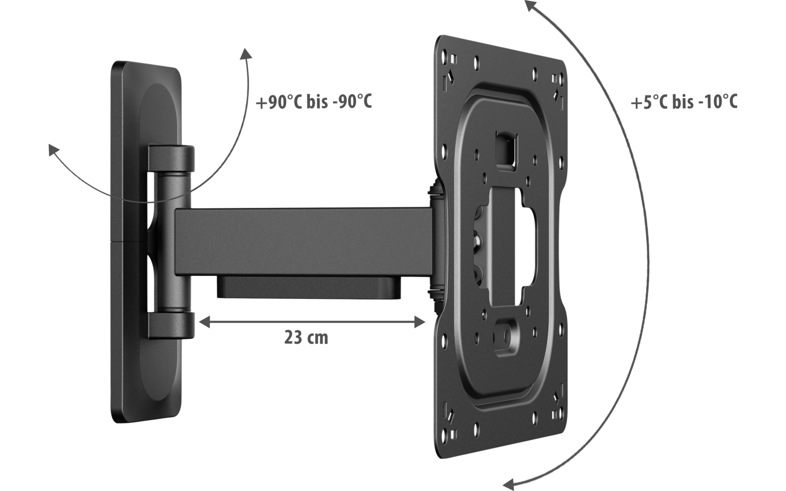Schwarze Wandplatte mit Gelenkarm beschriftet '23 cm', rechteckige Befestigungsplatte mit mehreren Schraubenlöchern, gebogene Pfeile und Temperaturangaben '+90°C bis -90°C' und '+5°C bis -10°C'
