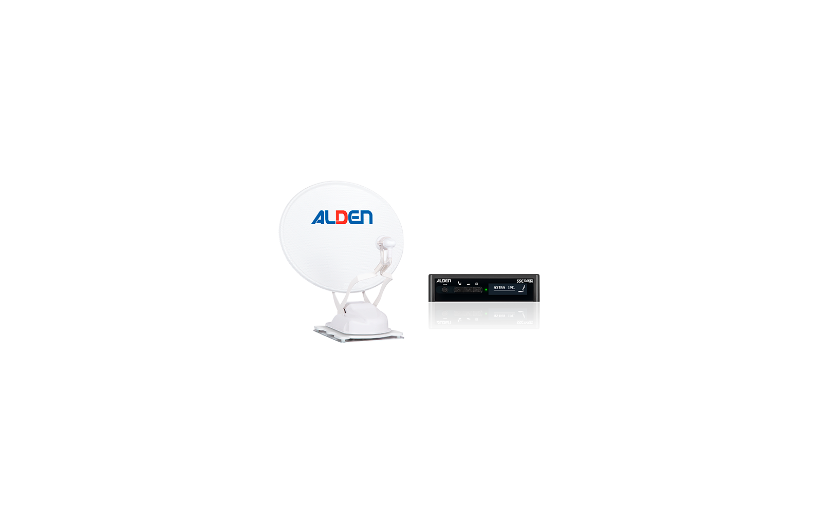 White satellite dish with blue-red "ALDEN" logo on the left and two black units with displays on the right