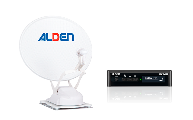 White satellite dish with blue-red "ALDEN" logo on the left and two black units with displays on the right