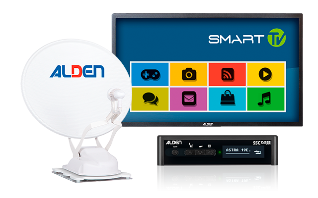 White satellite dish with 'ALDEN' logo, screen displaying 'SMART TV' and colorful app icons, black electronic box with 'ALDEN' logo and display