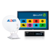 White satellite dish with 'ALDEN' logo, screen displaying 'SMART TV' and colorful app icons, black electronic box with 'ALDEN' logo and display
