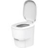 Toilette blanche avec couvercle ouvert sur fond blanc