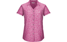 Rosa Kurzarm-Bluse mit kleinem weißem Blumenmuster, Kragen und durchgehender Knopfleiste