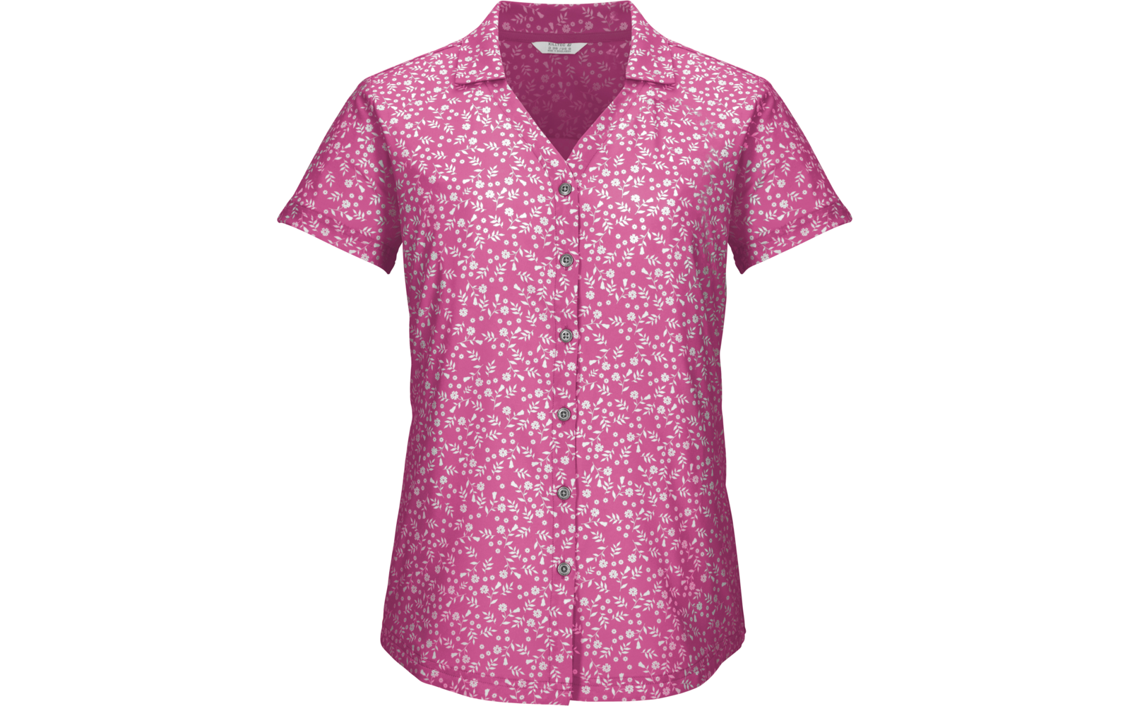Rosa Kurzarm-Bluse mit kleinem weißem Blumenmuster, Kragen und durchgehender Knopfleiste