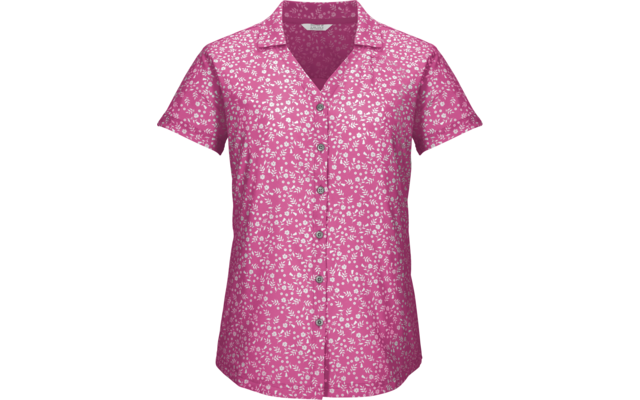 Rosa Kurzarm-Bluse mit kleinem weißem Blumenmuster, Kragen und durchgehender Knopfleiste
