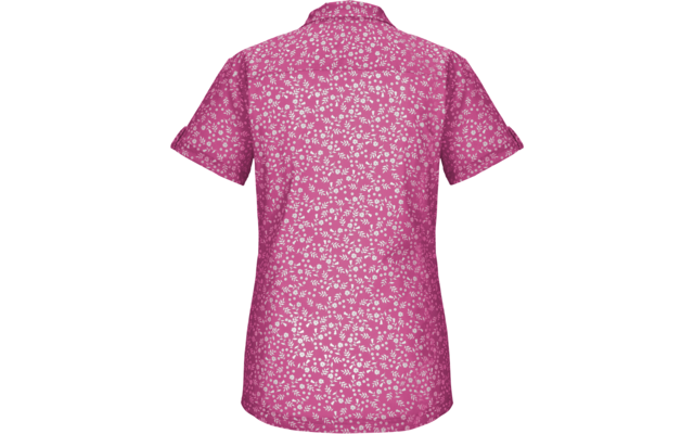 Rückenansicht einer pinken kurzärmeligen Bluse mit kleinem weißen Blumenmuster