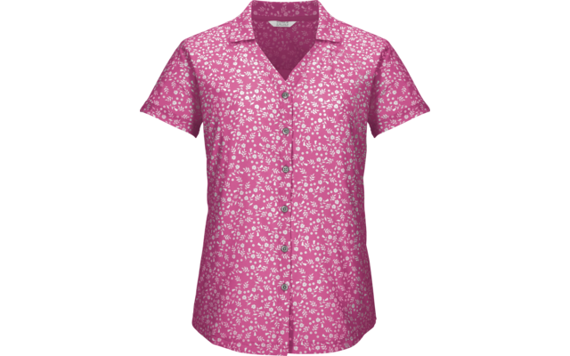 Blusa rosa de manga corta con pequeño estampado floral blanco, cuello y abotonadura