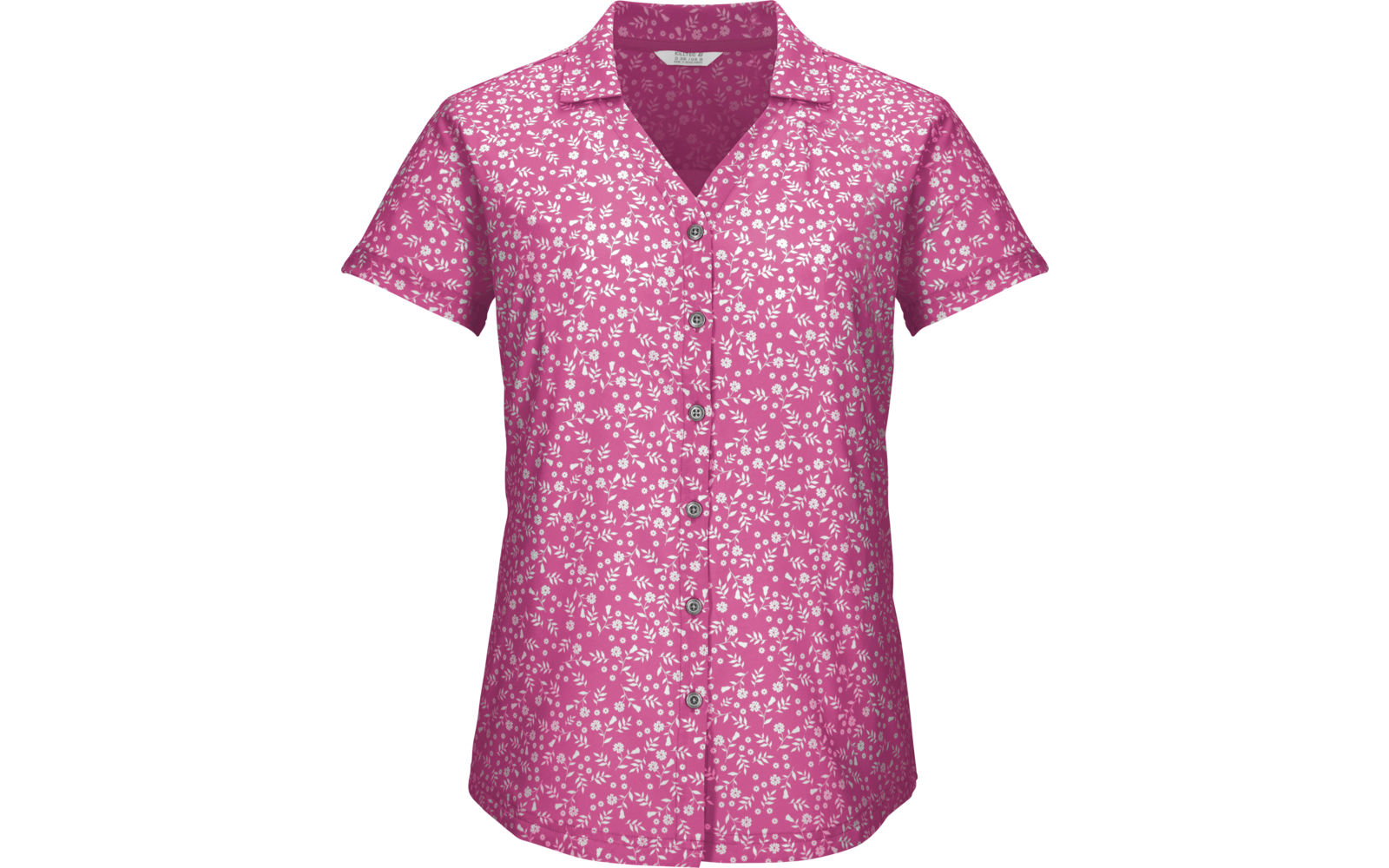 Blusa rosa de manga corta con pequeño estampado floral blanco, cuello y abotonadura
