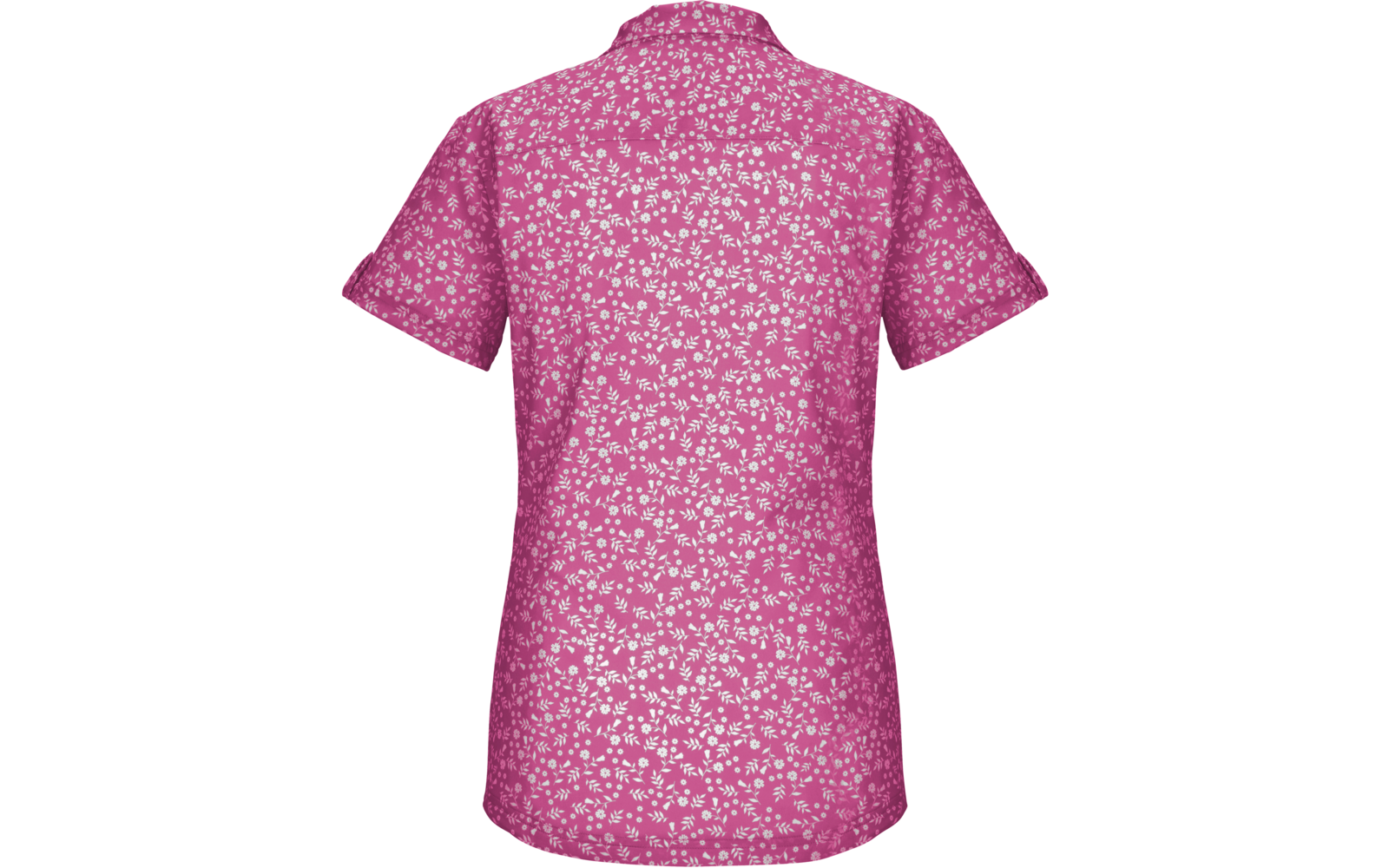Rückenansicht einer pinken kurzärmeligen Bluse mit kleinem weißen Blumenmuster