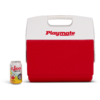 Rote und weiße Playmate-Kühlbox mit Tragegriff, daneben eine Getränkedose mit Aufschrift "igloo"