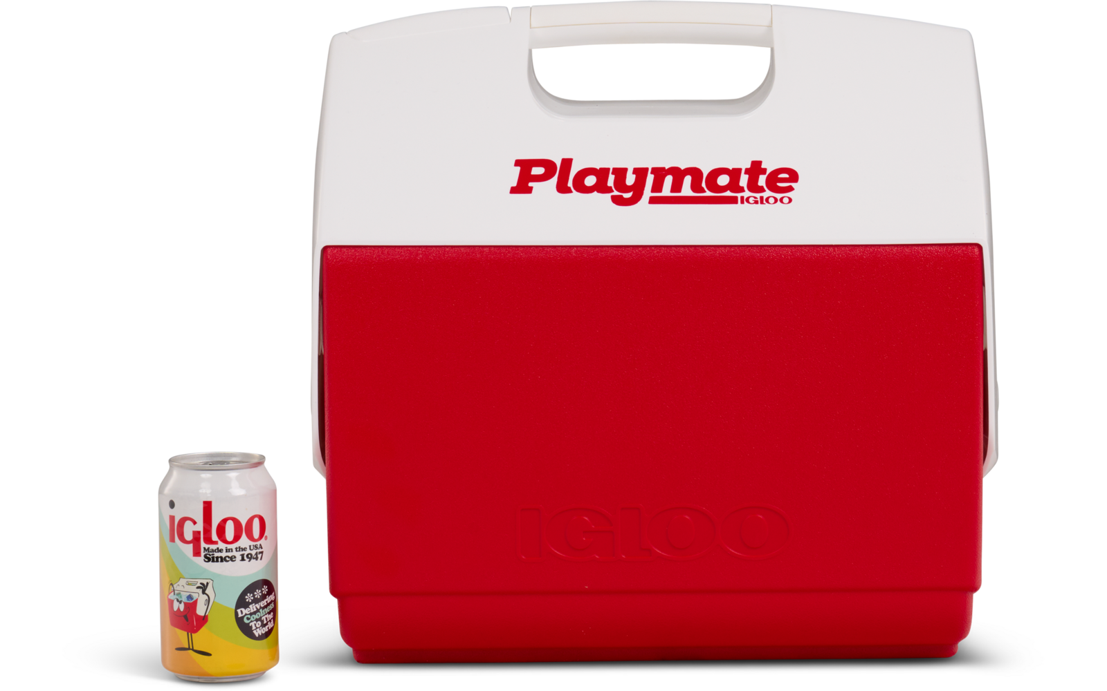 Rote und weiße Playmate-Kühlbox mit Tragegriff, daneben eine Getränkedose mit Aufschrift "igloo"
