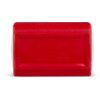 Roter rechteckiger Kunststoffgegenstand mit abgerundeten Ecken und einer rechteckigen Vertiefung in der Mitte; leichte Prägungen auf der Oberfläche