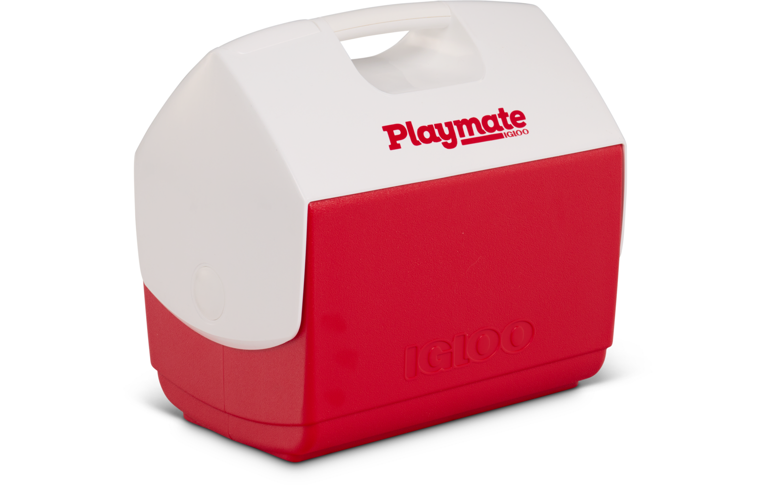 Kleine rot-weiße Kühlbox mit Tragegriff, Aufdruck "Playmate" auf der weißen Oberseite und geprägtem Schriftzug "Igloo" auf der roten Vorderseite