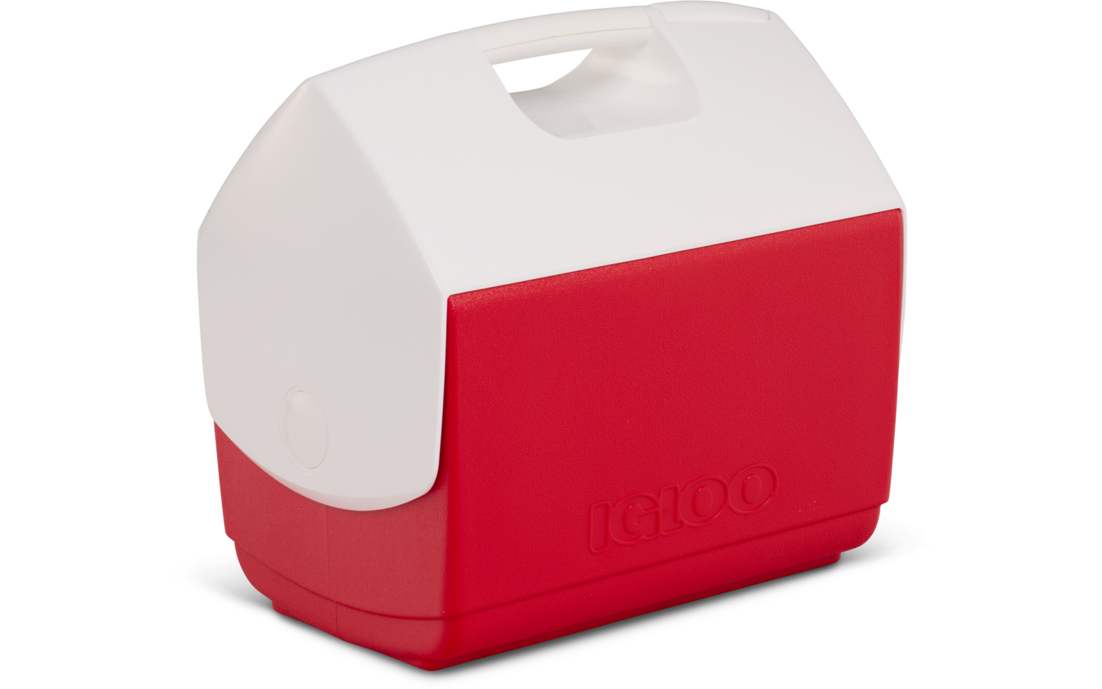 Weiß-rotes Kunststoffbehältnis mit integriertem Tragegriff und eingeprägtem Schriftzug "IGLOO" auf der roten Vorderseite