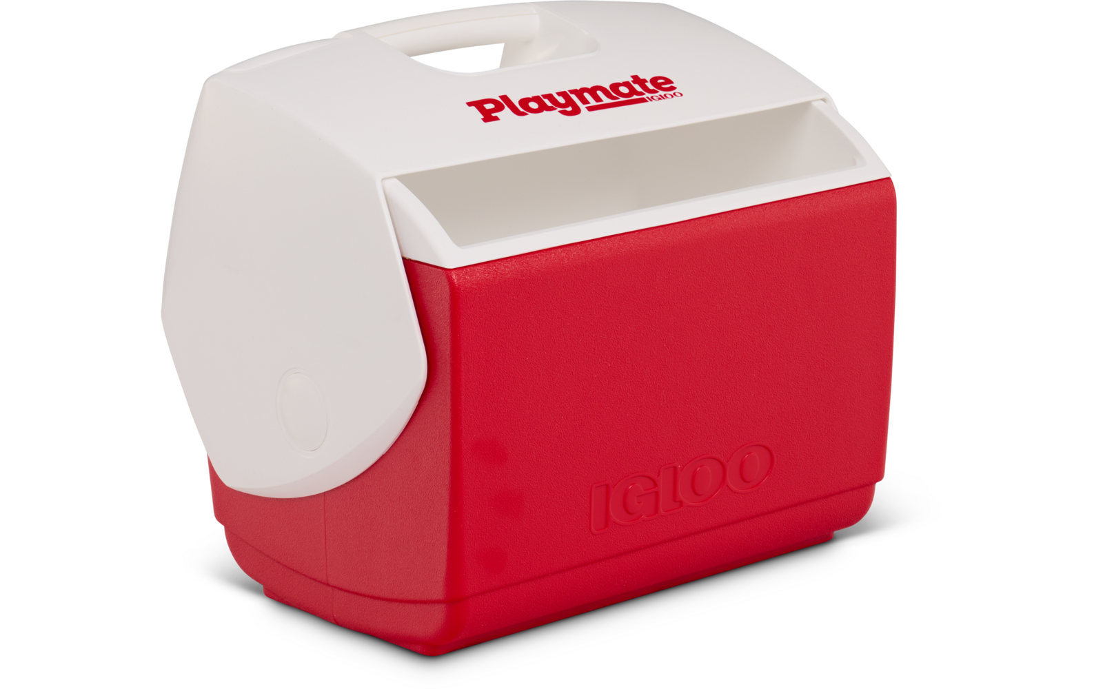 Kunststoffbox mit rotem Unterteil und weißem Deckel, Tragegriff oben, roter Schriftzug 'Playmate' auf dem Deckel und eingeprägtes 'IGLOO' vorne