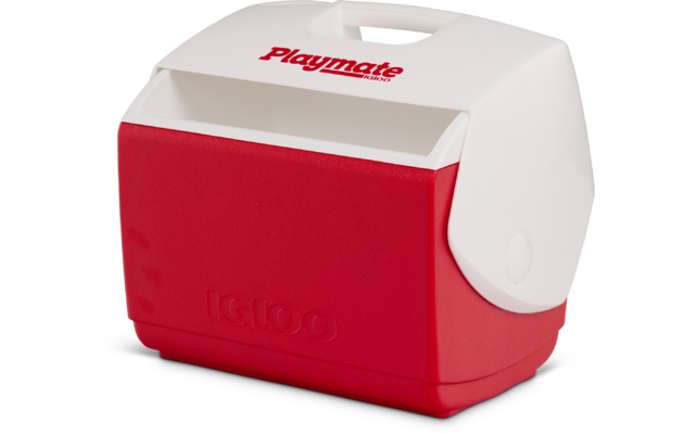Rote-weiße Kühlbox mit Tragegriff; auf dem Deckel roter Schriftzug 'Playmate' und vorne Prägung 'IGLOO'